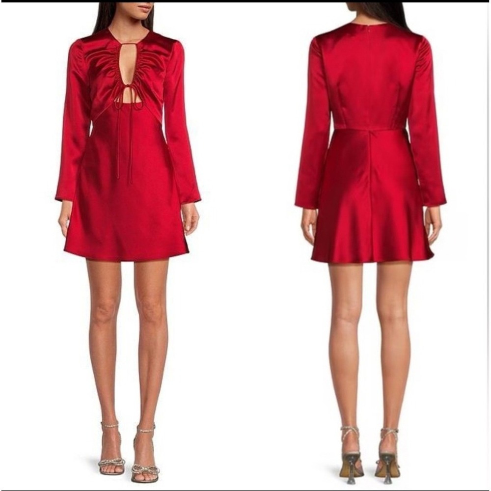 NWT Gianni Bini Red Satin Long Sleeve‎ Ruched Keyhole Mini Dress Size 2